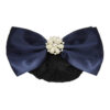Classic black hairnet for bun with coloured bow and various crystal and bead finish in middle of bow