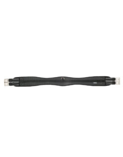 Ergonomic shaped synthetic general purpose girth with elastic on both sides and D ring in centre for training attachments