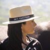 Onyx Equestrian wide brim sun hat with woven design and black band