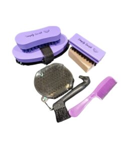 Purple Simply Swish horse grooming kit with waterproof drawstring bag and grooming brushes