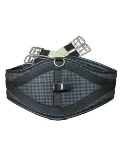 Black kickpad combination girth with integrated belly pad, padded centre panel and stainless steel roller buckles, suitable for jumping and general purpose riding