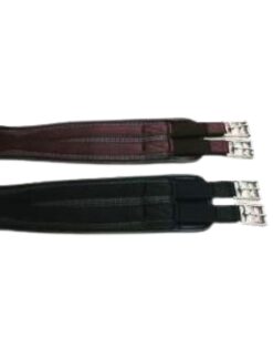 neoprene horse girth with stainless steel buckles, soft flexible construction suitable for all disciplines, available in sizes 90cm to 135cm