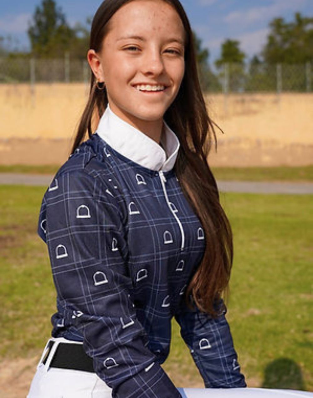 DEE Dynasty Collection Sun Shirt in Navy, lightweight Starlite fabric with breathable mesh panels, flattering fit for equestrian riders