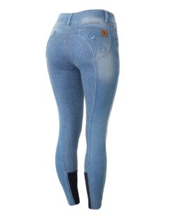 Kaia women’s high waist denim riding breeches with silicone full seat and embroidered pockets