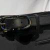 La Regalia Elastic Riding Belt with black leather detailing and gun metal grey La Regalia buckle, stylish equestrian belt for everyday wear