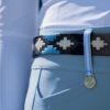 La Regalia Polo Belt in dark chocolate leather with Argentine blue stitching and signature silver stirrup buckle, equestrian accessories