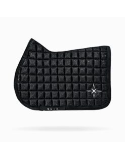 Diamond Dust Numnah in black with subtle shimmer finish, premium quilted construction and high wither cut, elegant equestrian saddle pad for training and competition