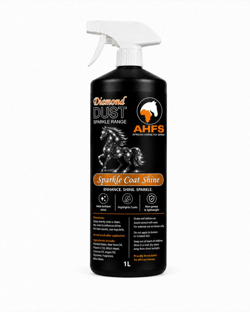 Diamond Dust Sparkle Glitter Coat Sheen Spray with argan oil and cosmetic mica for horses