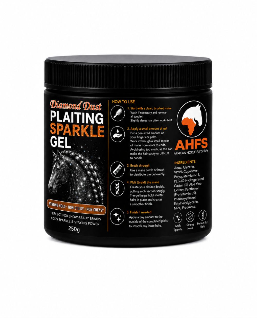 Diamond Dust Sparkle Plaiting Gel strong hold with cosmetic grade glitter for horse plaits