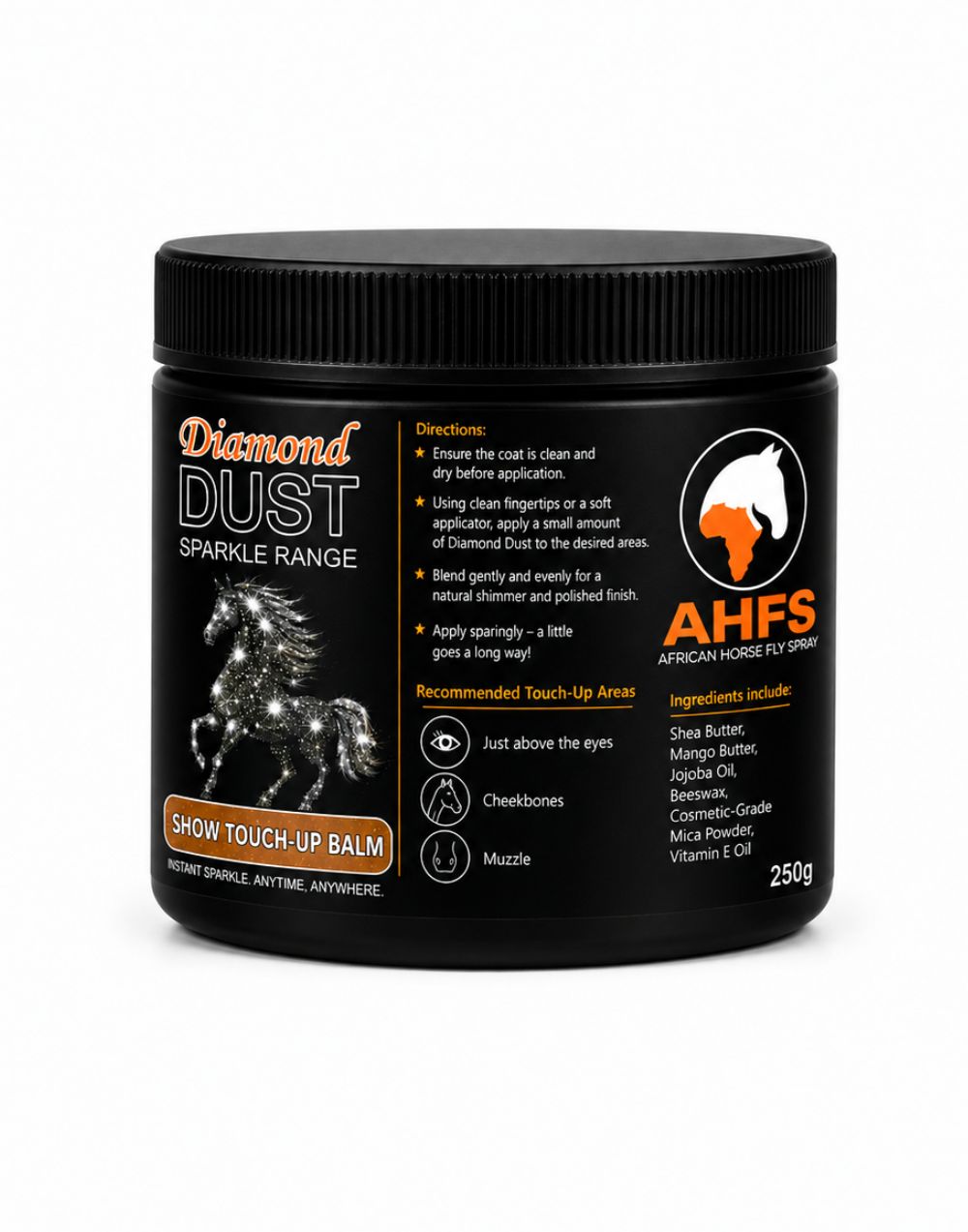 Diamond Dust Sparkle Show Touch-Up Balm with shea butter and cosmetic mica for horse show grooming