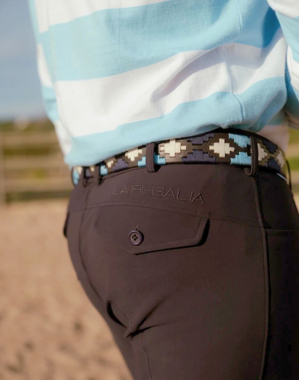La Regalia Crillo Men's Breeches olive green tailored fit with decorative button pocket flap