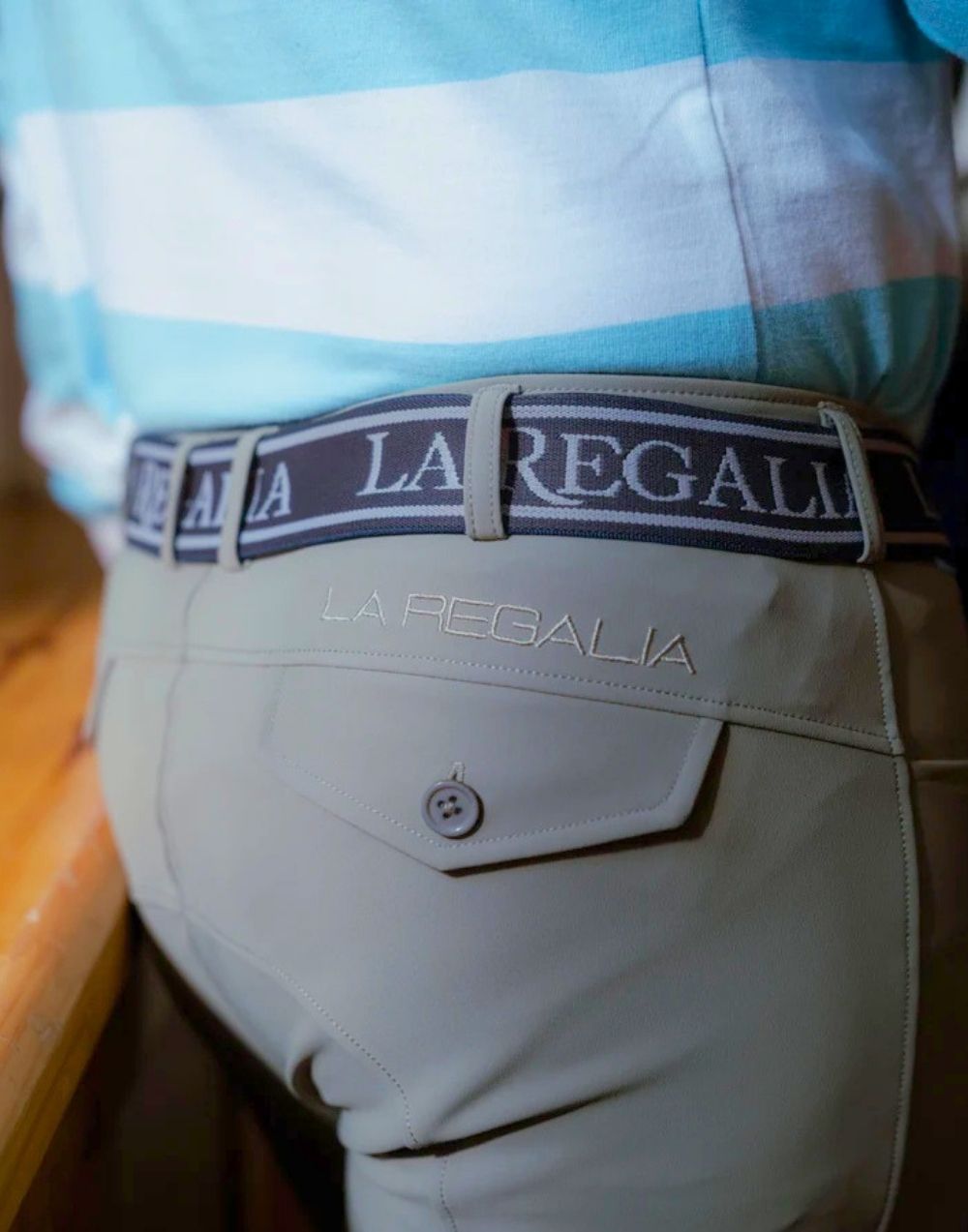 La Regalia Crillo Men's Breeches olive green tailored fit with decorative button pocket flap