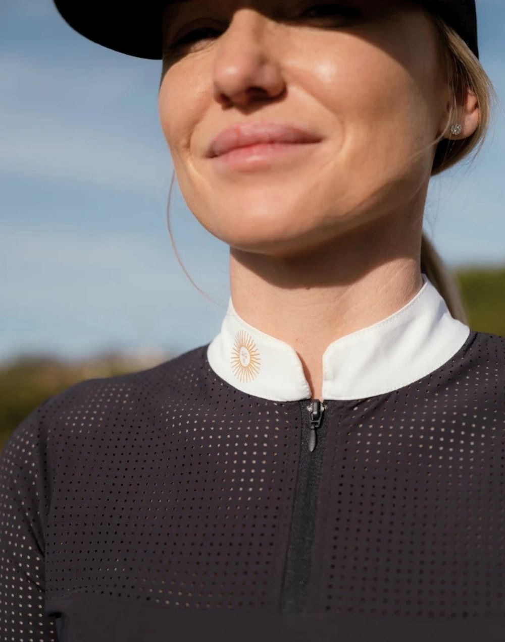 La Regalia Lucero Show Shirt navy with white collar perforated upper and Argentinian sun embroidery